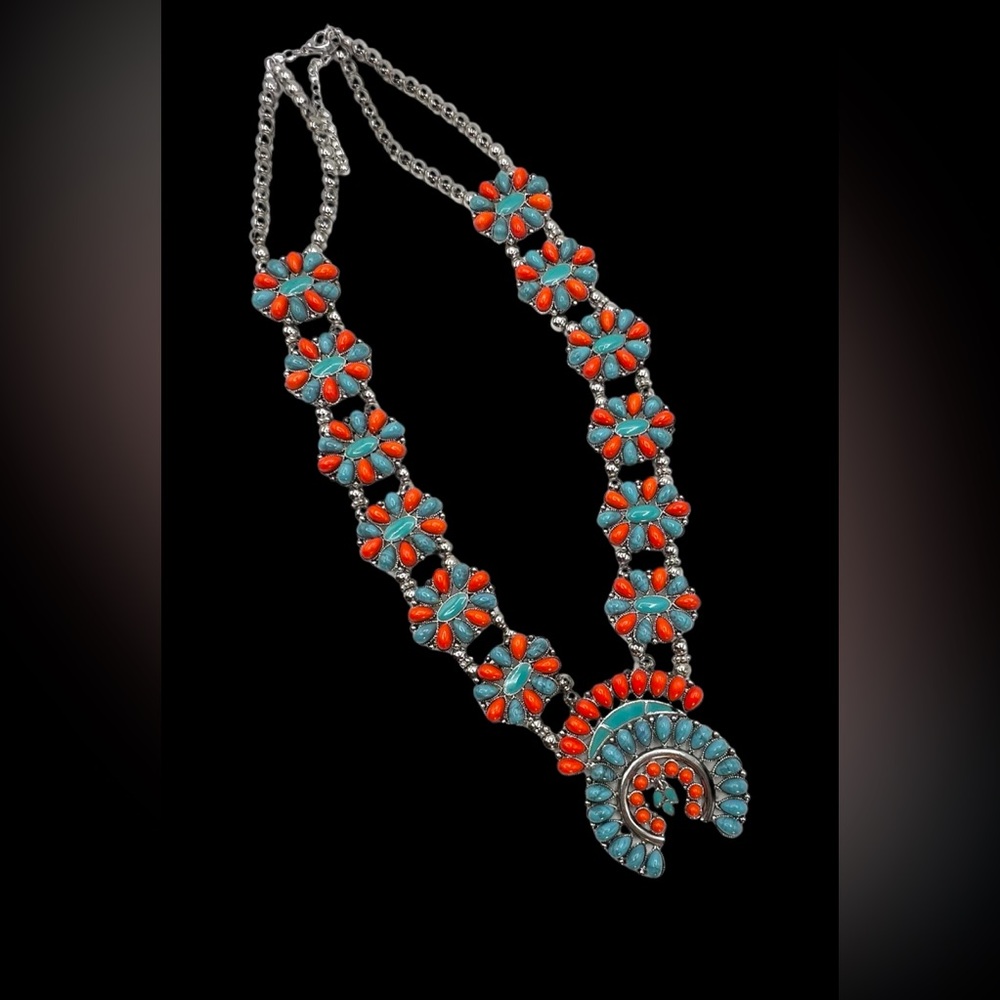 Southwest Navajo Style Faux Turquoise Coral Naja Squash Blossom Necklace